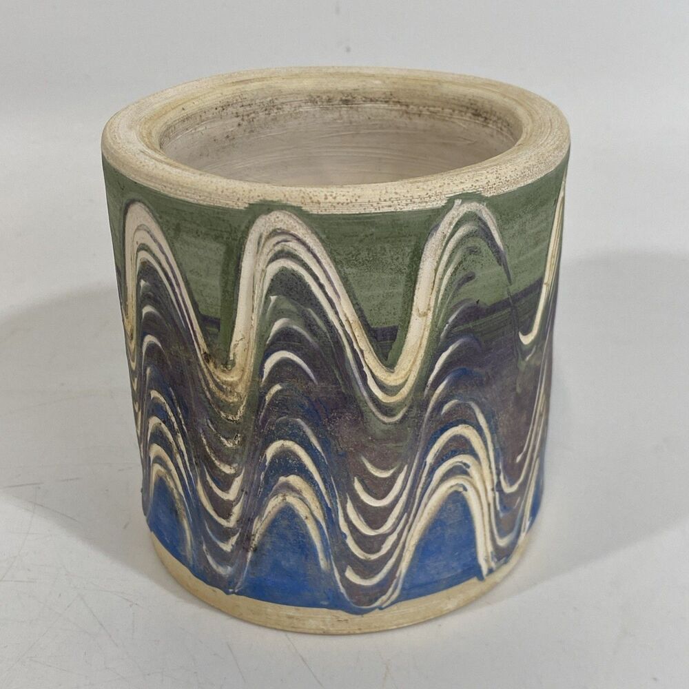 Signed Cherokee NC Native American Pottery Pastel Vase Blue Green  3.5" X 3.25”